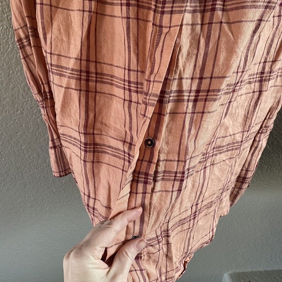 Free People 100% Linen No Limits Peach Plaid Button Down Shirt oversized Small - Picture 6 of 12